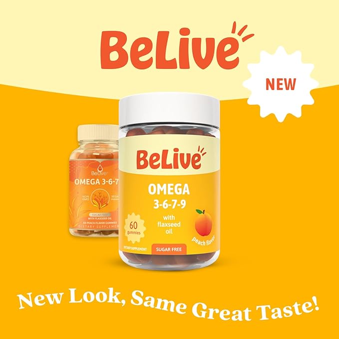 BeLive Organic Omega 3 Gummies - 120 Ct I Vegan Omegas 3 6 7 & 9 from Flaxseed Oil & Sea Buckthorn Fruit Oil, for Kids & Adults, Full Body, Brain & Eye Support, Sugar Free – Peach Flavor