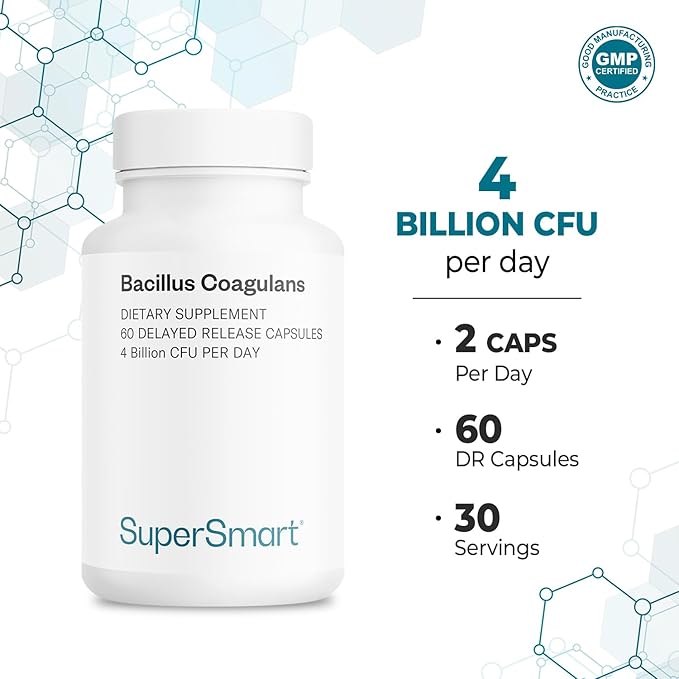 Supersmart Bacillus Coagulans Probiotic 4 Billion CFU per Day (High Absorption) - Lactobacillus Sporogenes Supplement | Non-GMO & Gluten Free - 60 Delayed Release Capsules