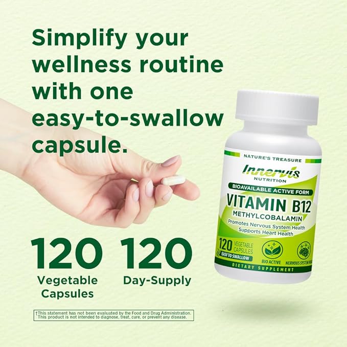 Methyl B12 1000mcg (120 Caps) High Absorption Methylcobalamin for Sustained Energy, Nerve & Heart Health* - Vegan Vitamin B12 by Innervis Nutrition