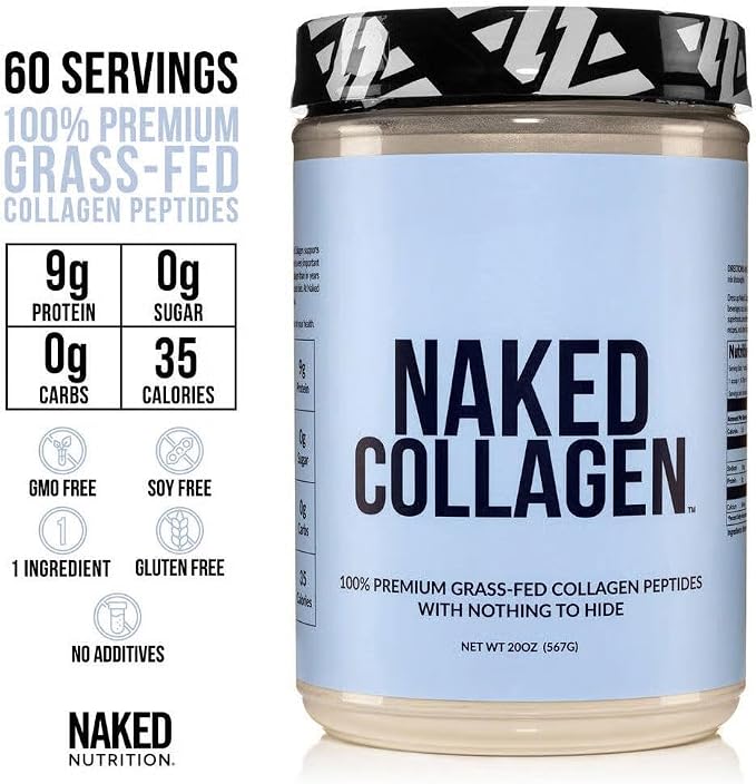 NAKED Collagen Peptides Protein Powder, 60 Servings, Pasture-Raised, Unflavored Grass-Fed Hydrolyzed Collagen Supplement, NSF Certified, Paleo Friendly, Non-GMO, Keto, Gluten Free, 20oz