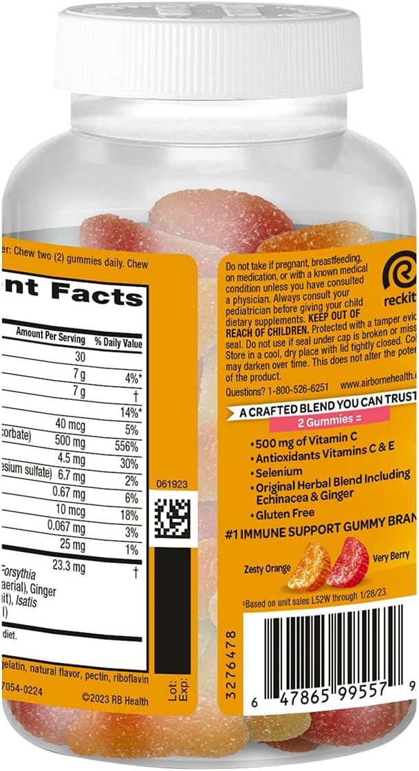 Airborne Kids 500mg Vitamin C Gummies, Kids Immune Support Zinc Gummies with Powerful Antioxidants VIT C & E - 63 Gummies, Assorted Fruit Flavor (Pack of 2)