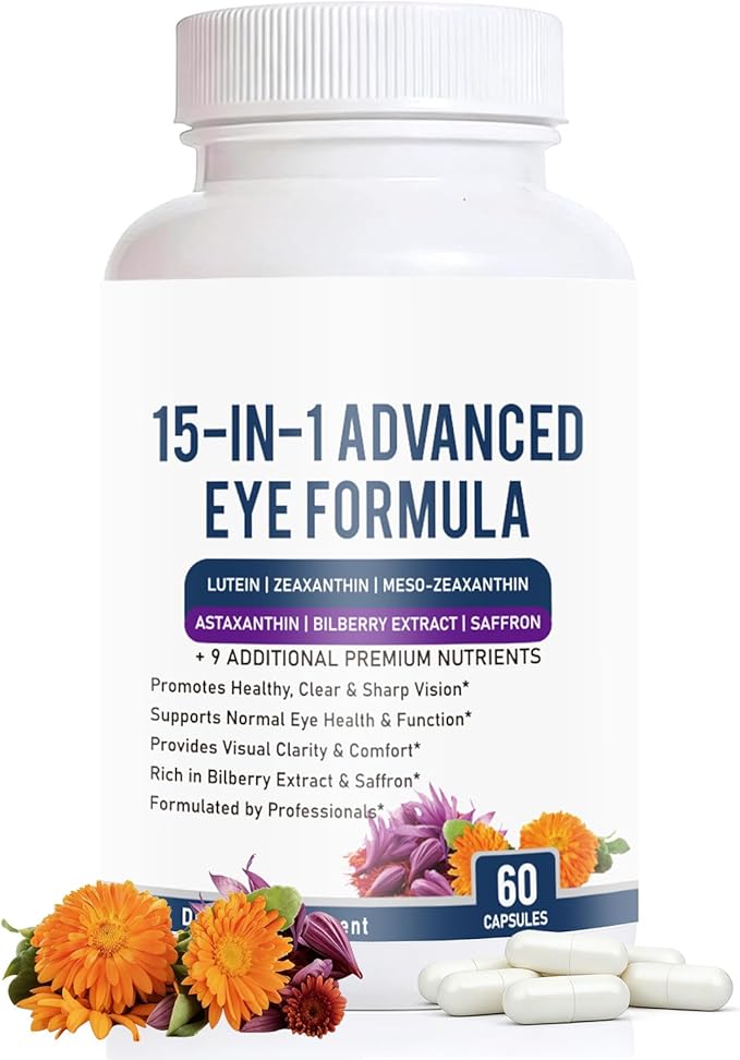 15 in 1 Advanced Eye Formula - Eye Vitamin and Mineral Supplement with Lutein, Zeaxanthin, Zinc & Bilberry Extract - Vision & Focus Support, 60 Capsules