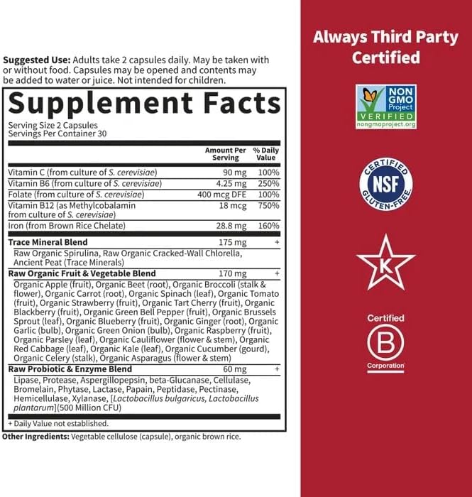 Garden of Life Vitamin Code Healthy Blood - Iron Supplement for Women, 60 Vegan Capsules, with Vitamins B, C, Trace Minerals, Fruit Veggies, Probiotics - for Energy and Anemia Support (Pack of 6)