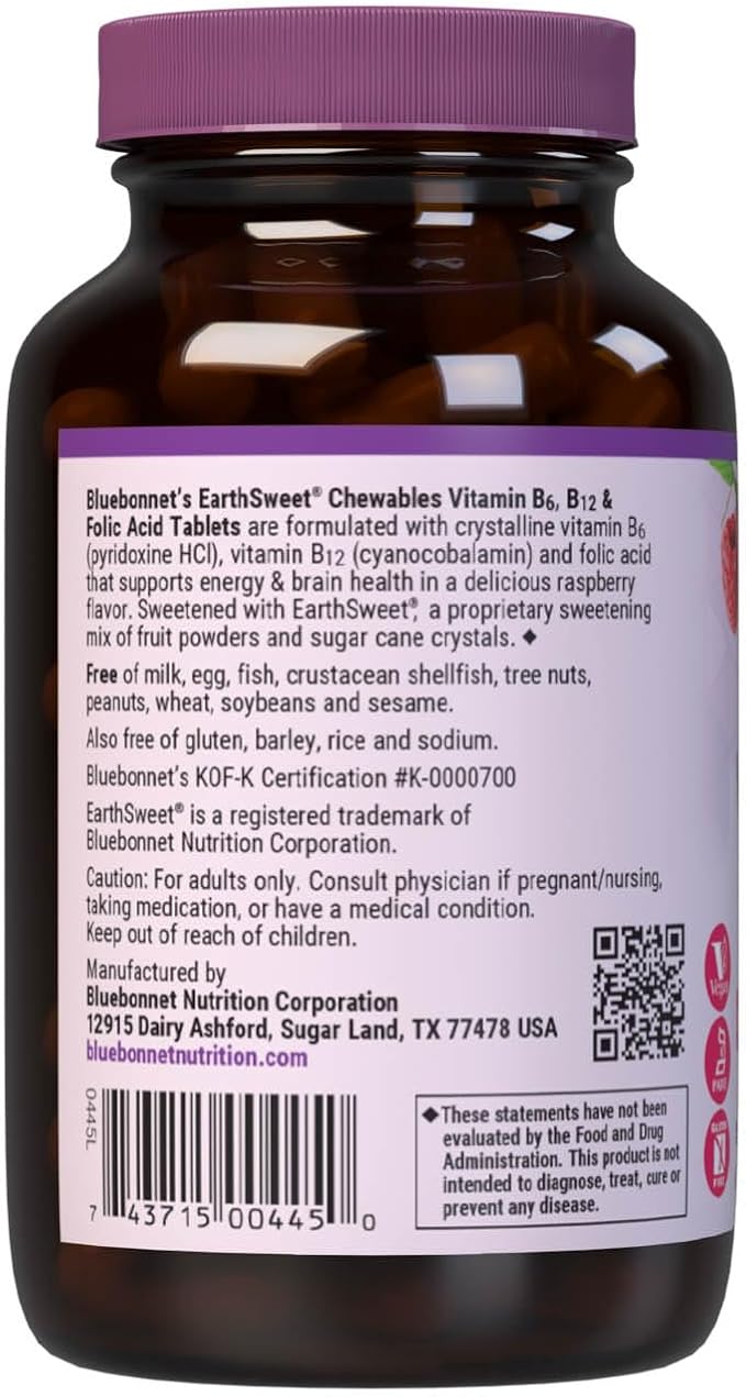 BlueBonnet Nutrition Earth Sweet Vitamin B6, B12, Plus Folic Acid Chewable Tablets, Vegan, Vegetarian, Gluten Free, Soy Free, Milk Free, Kosher, 60 Chewable Tablets, Raspberry Flavor (Pack of 2)