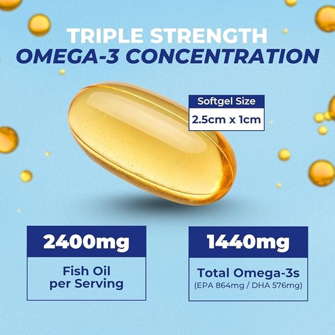 Vital Omega 3 Fish Oil Supplements 2400mg | 864mg EPA & 576mg DHA | 1440mg Total Omega-3 Fatty Acids | Promotes Brain & Heart Health | Non-GMO, Gluten-Free, Sugar-Free | Lemon | 60 Day Servings