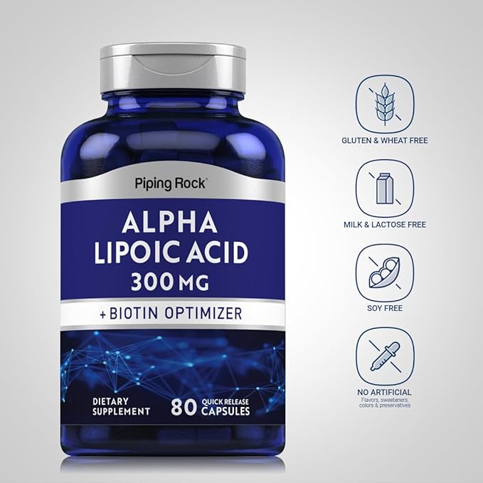 Piping Rock Alpha Lipoic Acid 300mg | Plus Biotin Optimizer | 80 Capsules | Non-GMO, Gluten Free Supplement