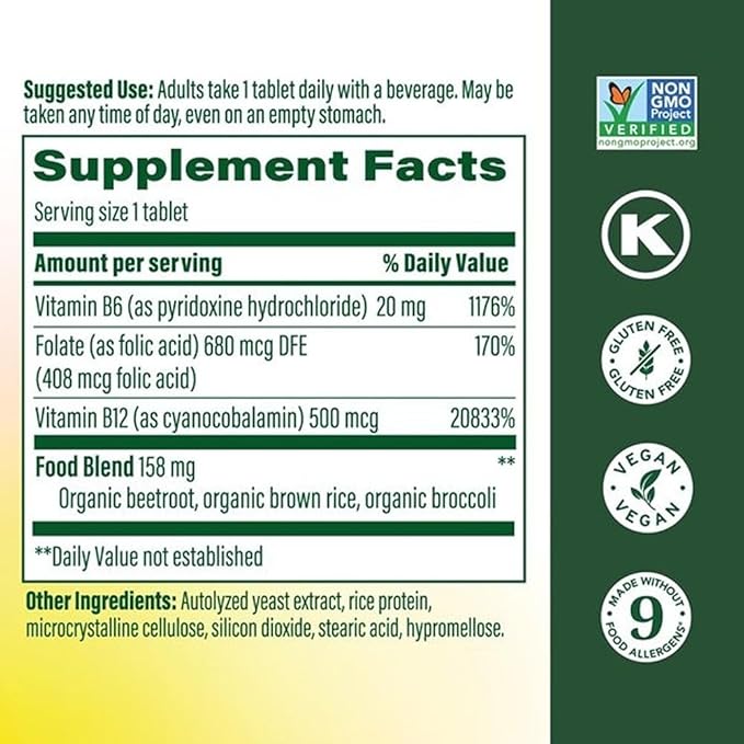 MegaFood Vegan Vitamin B12 with Vitamin B6, B12 and Folic Acid Supplements for Women and Men Supports Cellular Energy Metabolism, Nervous System Health & Cardiovascular Function - 30 Mini Tablets