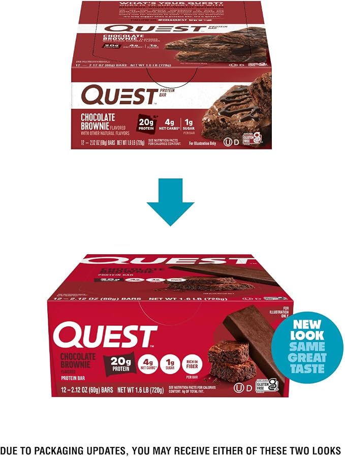 Quest Nutrition Chocolate Brownie Protein Bar, 20g Protein, 1g Sugar, 4g Net Carb, High Fiber, Gluten Free, Gluten Free, 12 Count