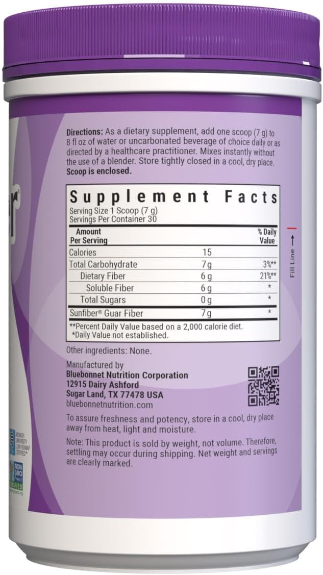 BlueBonnet Nutrition Sunfiber – 6 g of Plant Based Prebiotic Soluble Fiber – Supports Digestive Health* - Instant Dissolve – Non-GMO, Vegan, Kosher, Low-FODMAP – Unflavored, 7.4 OZ, 30 Servings