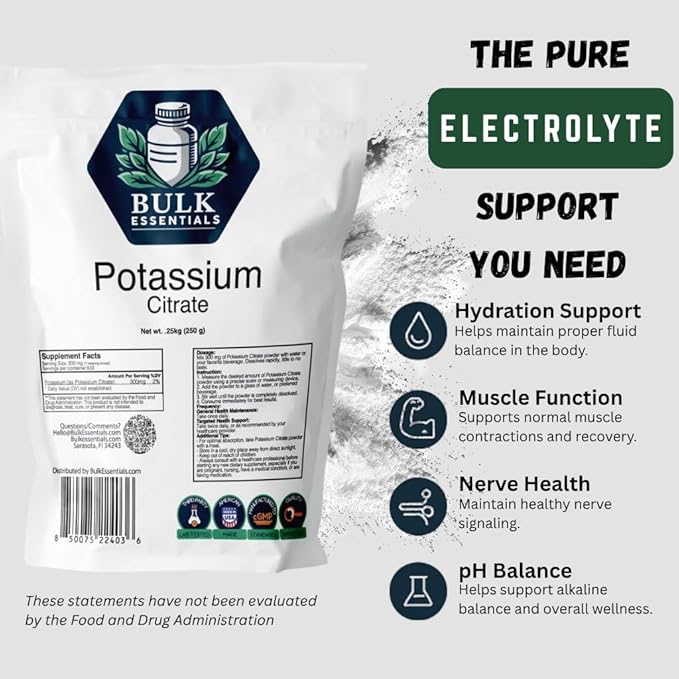 Potassium Citrate Supplement – 250g Pure Powder for Muscle & Electrolyte Support – USA Made, Non-GMO & Gluten Free – Potassium Supplement 300mg Per Serving