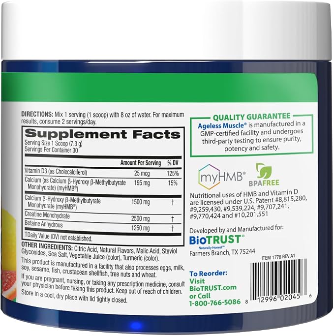 BioTrust Ageless Muscle Builder - Creatine HMB Powder with Vitamin D3 & Betaine - Build & Preserve Naturally Declining Muscle Mass & Strength - Citrus Splash, 30 Servings