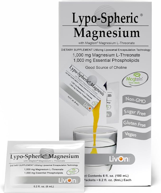LivOn Laboratories Lypo-Spheric Magnesium L-Threonate - 30 Packets - 77mg Per Packet - Liposome Encapsulated for Maximum Bioavailability - Professionally Formulated - 100% Non-GMO