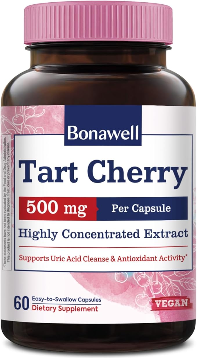 Bonawell Tart Cherry Capsule, 500mg Extract Per Capsule, Made from Montmorency Tart Cherries, Powerful Uric Acid Cleanse, Antioxidant Support, 2 Month Supply, 60 Capsules