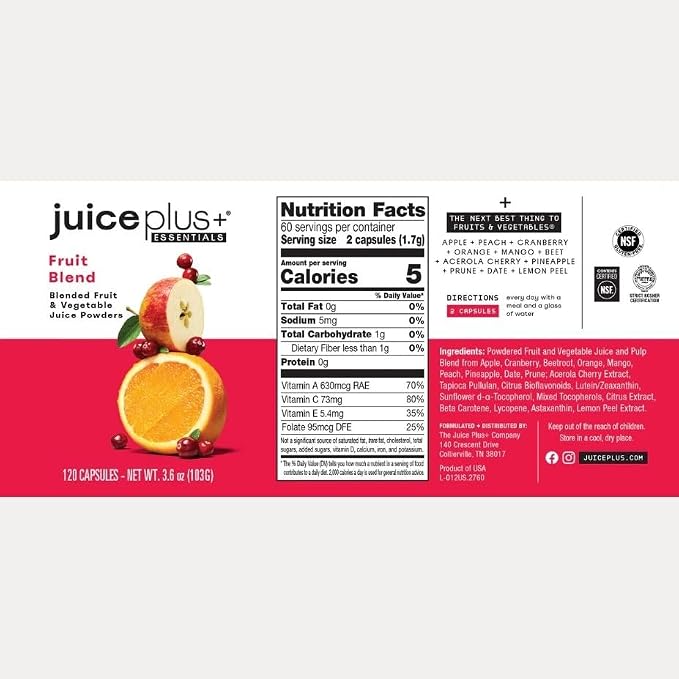 JuicePlus+ Fruit, Vegetable & Berry Blend: Nutrient-Packed Ingredients For Heart Health, Immune Function, Cognitive Performance, & Radiant Skin - Prepacked 3 bottles (60 servings of Fruit, Veg, Berry)