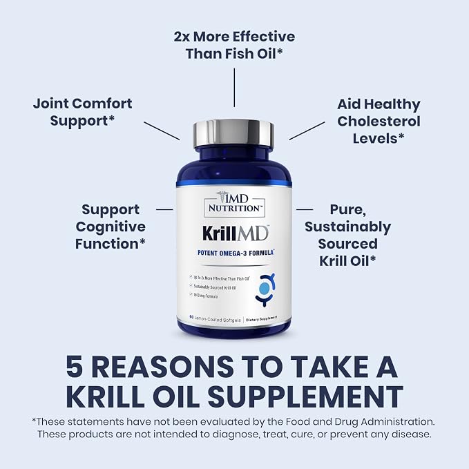 1MD Nutrition KrillMD - Antarctic Krill Oil Omega 3 Supplement with Astaxanthin, EPA, DHA | 2X More Effective Than Fish Oil | 60 Softgels