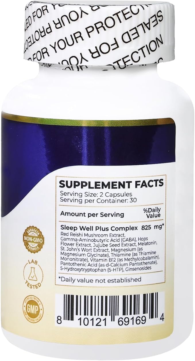 Fast Acting Sleep Aid 12 in1 Supplement for Adults with Meatonin,Reishi Mushroom,Ginsenosides,Extract of St.John's Wort ,Jujube Seed,Hops Flower,Non-Habit Formula for Relaxation, 60 Capsules