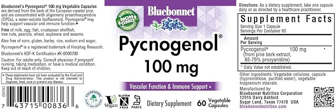 Bluebonnet Pycnogenol Vegetarian Capsules, 100 mg, 60 Count (743715008366)