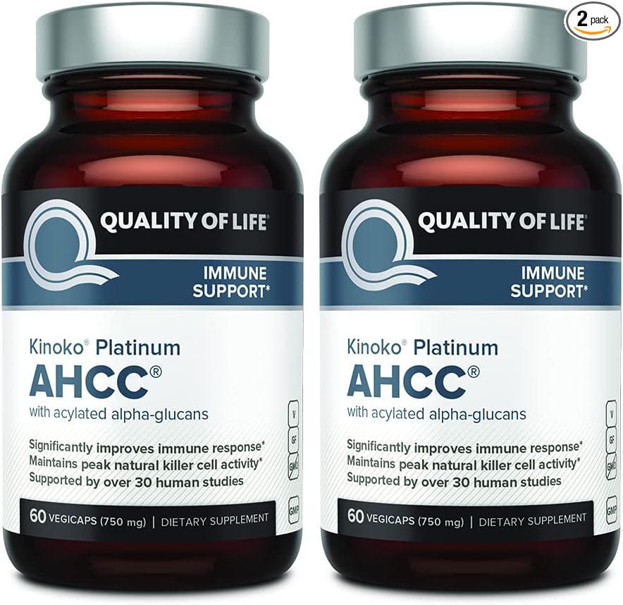 Quality of Life AHCC Kinoko Platinum 750 mg – Premium Immune Support Supplement - Pack of 2, 60 Count Bottles