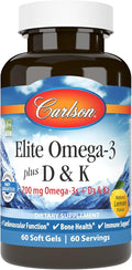 Carlson - Elite Omega-3 Plus D & K, 700 mg Omega-3s + D3 & K2, Function, Bone Health & Immune Support, Lemon, 60 Softgels