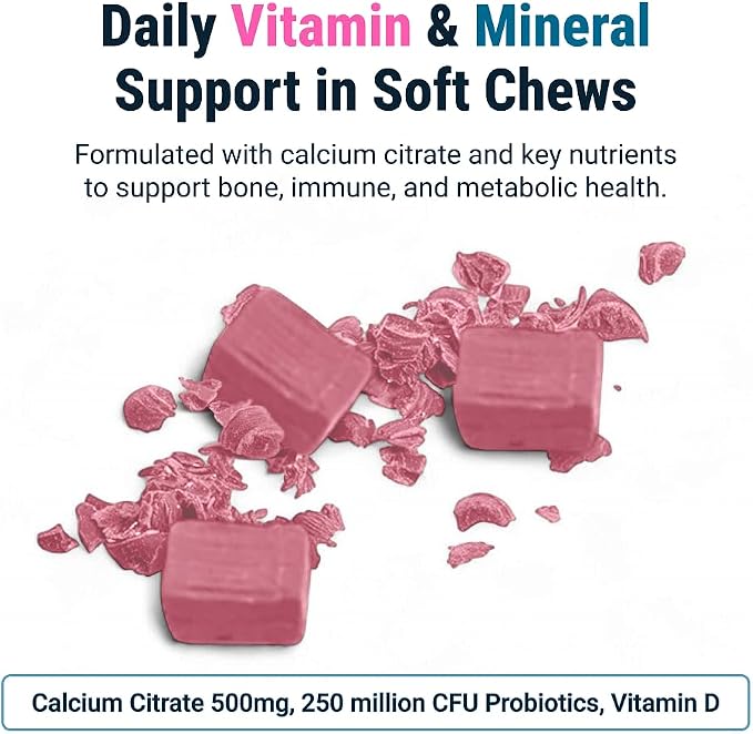 BariatricPal Sugar-Free Calcium Citrate Soft Chews | 500mg with Vitamin D & Probiotics | Strawberry Twist | 90 Count (1 Month Supply)