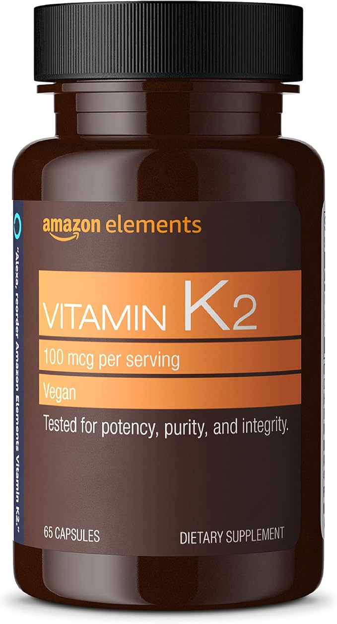 Amazon Elements Vitamin K₂, 100 mcg, Vegan, Made from Chickpea, 65 Capsules