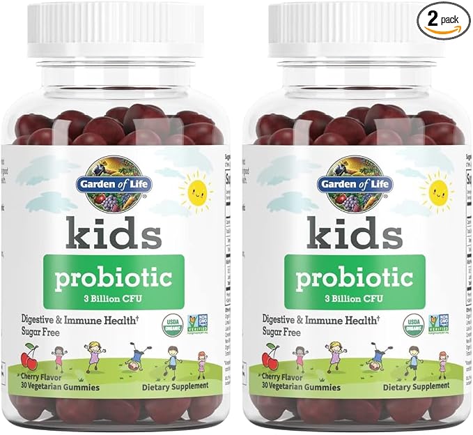 Garden of Life Kids Probiotic 3 Billion CFU, Cherry Flavor Gummies - Sugar Free Once Daily Probiotics for Kids, Children's Digestive & Immune Health, 30 Vegetarian Gummies, (Pack of 2)
