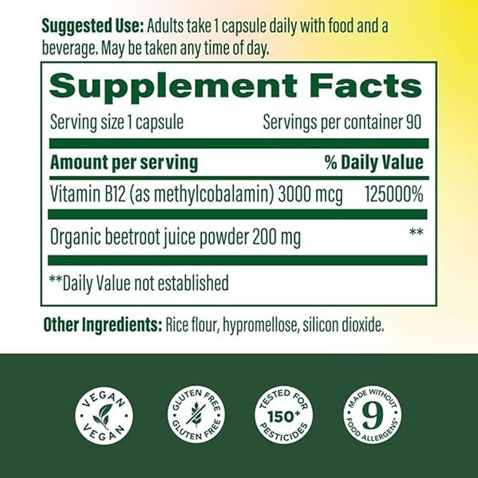 MegaFood Extra Strength Methyl B12 Vitamins, Bioavailable Vitamin B12 3000mcg Per Serving, Supports Energy Metabolism & Nervous System Health, Beet Root, Vegan, Gluten Free, 90 Capsules, 90 Servings