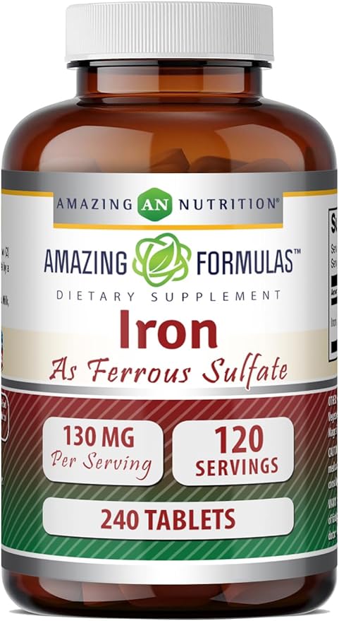 Amazing Formulas Iron as Ferrous Sulfate Supplement | 130 Mg per Serving | 240 Tablets | Non-GMO | Gluten-Free | Made in USA