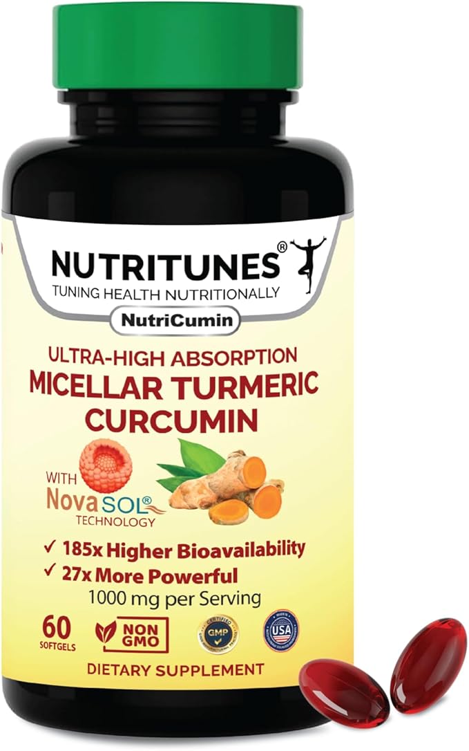 NutriCumin NovaSOL Turmeric Curcumin 1000 mg – 185× Absorption – Supports Joint Comfort & Mobility – Non‑GMO Softgels, 60 Ct.