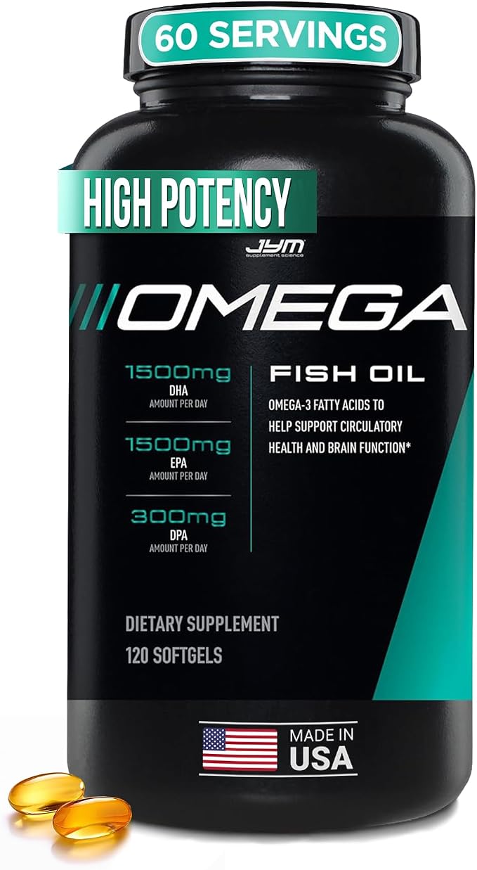 JYM Supplement Science Omega JYM Fish Oil 2800mg, High Potency Omega 3, EPA, DHA, DPA for Brain, Heart, & Joint Support 120 Soft Gels
