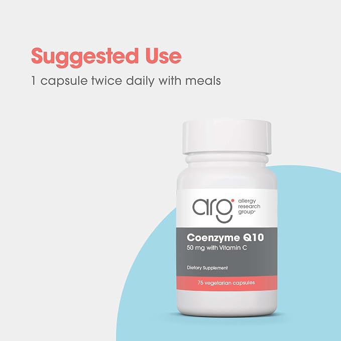 Allergy Research Group Coenzyme Q10 - Delivers 50 mg CoQ10 with Vitamin C - Supports Cellular Energy Production, Antioxidant Activity & Heart Wellness - 37 Servings - 75 Vegetarian Capsules