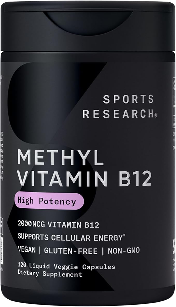 Sports Research® Vitamin B12 as Methylcobalamin 2000mcg - Plant Based B12 w/Coconut MCT Oil for Energy Metabolism Support - Vegan Certified · Non-GMO · Gluten Free - 120 Liquid Caps