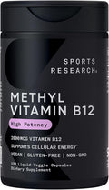Sports Research® Vitamin B12 as Methylcobalamin 2000mcg - Plant Based B12 w/Coconut MCT Oil for Energy Metabolism Support - Vegan Certified · Non-GMO · Gluten Free - 120 Liquid Caps