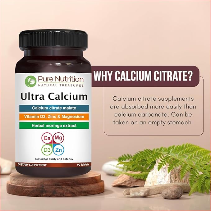 Pure Nutrition Ultra Calcium 1000mg with VIT D3 + K | 90 Tab | Calcium Supplement with Calcium Citrate Malate, VIT D3, K, Moringa Oleifera, Magnesium and Zinc.