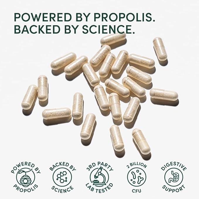Beekeeper's Naturals Complete Gut Health, 3-in-1 Prebiotic, Postbiotic, Probiotics for Digestive Health & Bloating Relief for Women & Men, Propolis Powered, Gluten-Free Vegan Capsules, 28ct