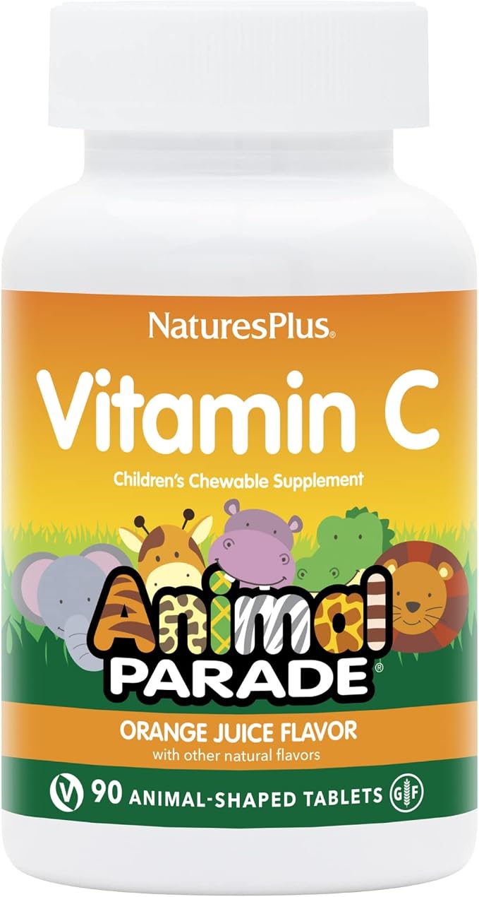NaturesPlus Animal Parade Vitamin C Children's Chewable - Natural Orange Juice Flavor - 90 Animal-Shaped Tablets - Vegan, Vegetarian, Gluten Free - 45 Servings
