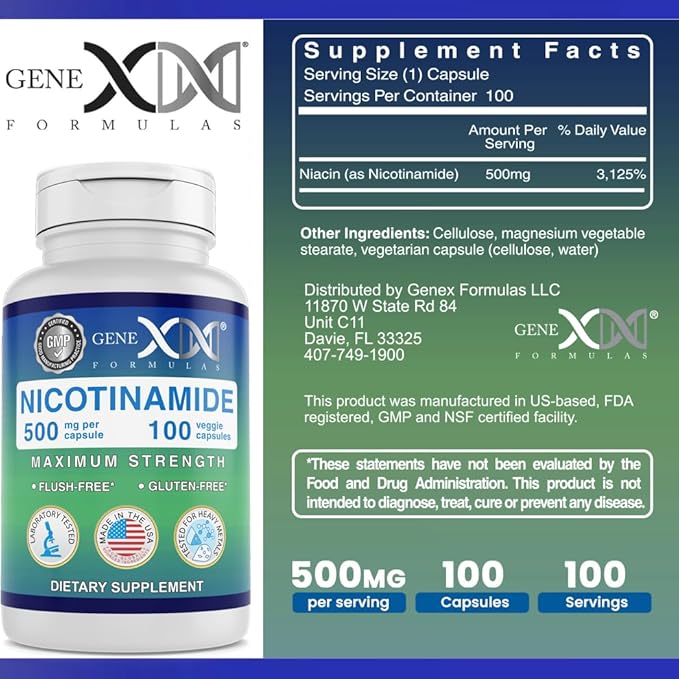 Genex Formulas Nicotinamide 500mg (3-Pack) Vitamin B3 Flush Free Niacin Capsules for Healthy Skin - Niacinamide Supplement Pills help Produce Keratin & Support Skin Cell Health & Energy (300 Capsules)