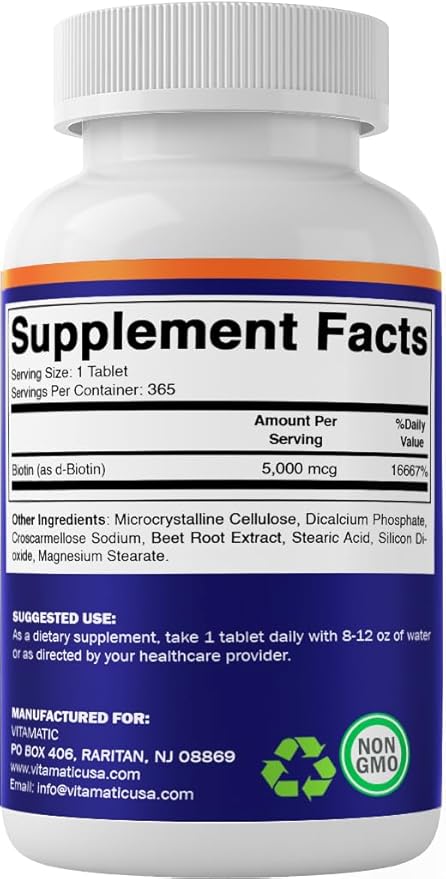 Vitamatic Biotin 5000mcg (5 mg) for Stronger Hair, Skin & Nails - 365 Vegan Tablets- Also Called Vitamin B7 (Pack of 2)