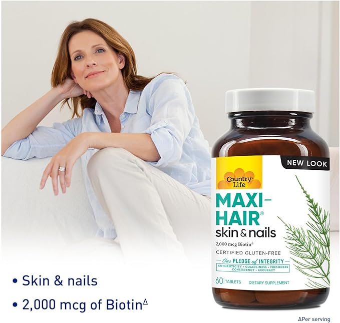 Country Life Maxi-Hair Supplement - 2000mcg Biotin & Vitamins for Hair, Skin & Nails - Certified Gluten-Free & Vegetarian - Supports Hair Growth, 60 Tablets (Pack of 2)