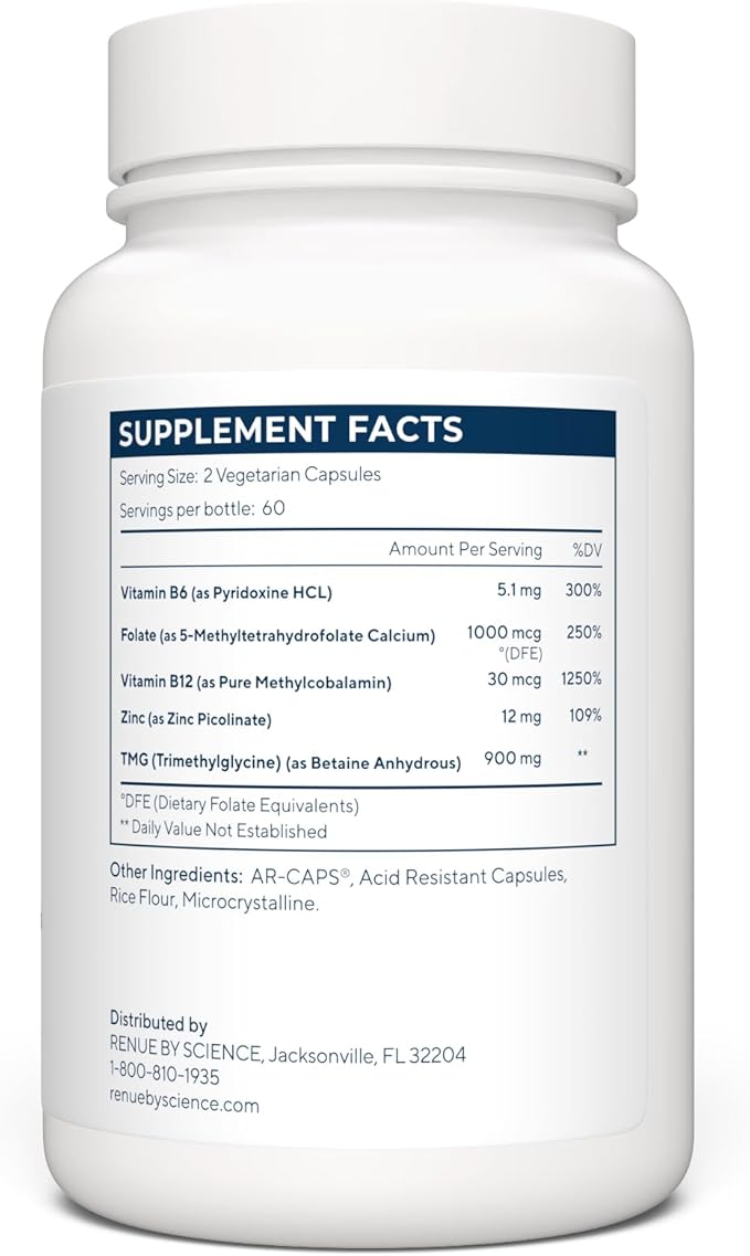 Renue By Science TMG | High Strength TMG Supplements | 120 Trimethylglycine Capsules - 900mg TMG per Serving with Vitamin B12 Vitamin B6 Folate & Zinc | Made in the USA & Third-Party Tested