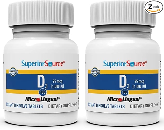 Superior Source Vitamin D3 1000 IU, Quick Dissolve MicroLingual Tablets, 100 Count, Helps Promote Strong Bones and Teeth, Immune Support, Helps Maintain Healthy Muscle Function, Non-GMO, Pack of 2