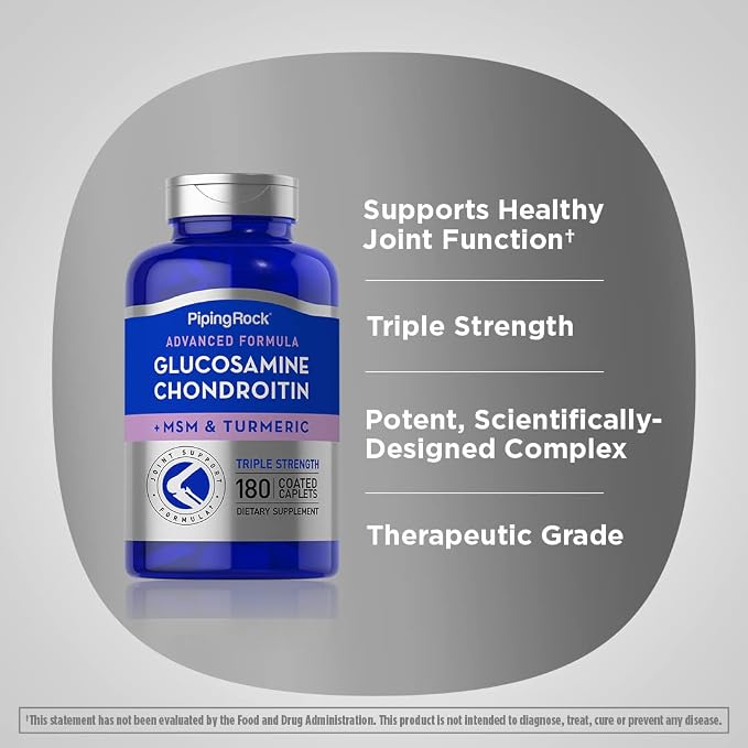 Piping Rock Glucosamine Chondroitin MSM Turmeric | 180 Caplets | Triple Strength | Advanced Supplement | Non-GMO, Gluten Free