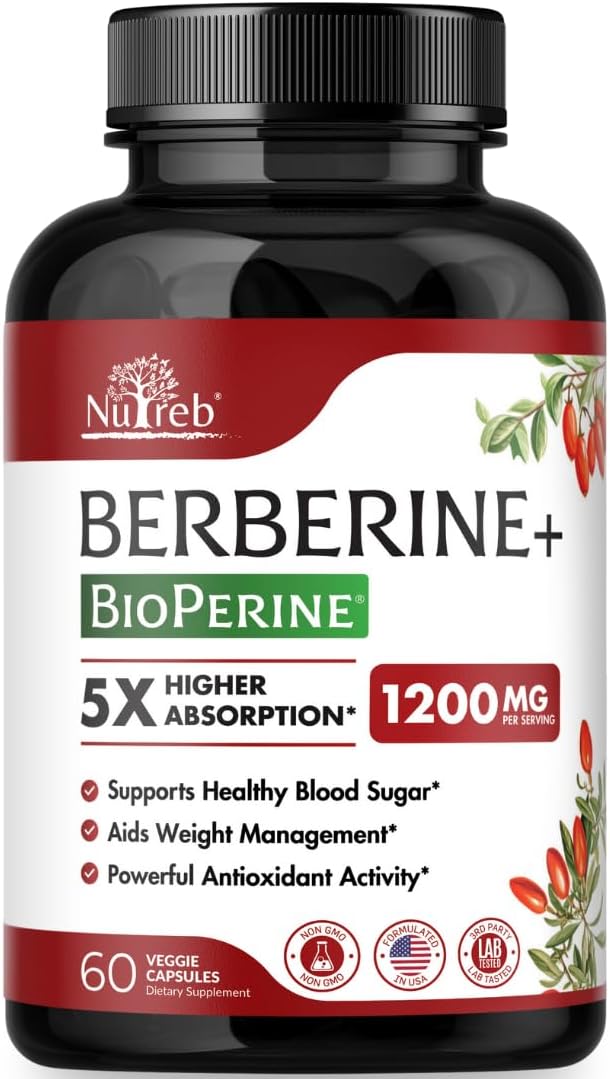 Nutreb Berberine Supplement 1200mg - 5X Higher Absorption - Ultra Pure 98% Berberine HCL - Healthy Weight Management, Immune Support - Non GMO, Manufactured in USA - 60 Vegan Capsules