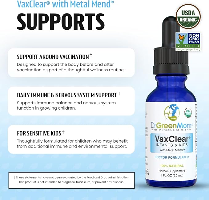 Dr. Green Mom Organic VaxClear with Metal Mend, Herbal Heavy Metal Detox Drops for Kids and Infants with Chlorella, Turmeric, Cilantro and Milk Thistle to Cleanse and Support Immune Response