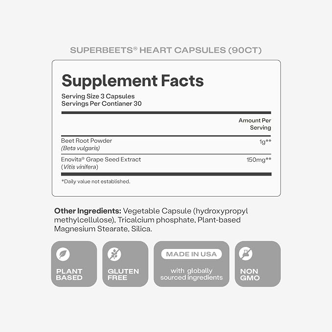 Humann SuperBeets Beet Root Capsules Quick Release 1000mg, Helps Support Nitric Oxide Production, Blood Pressure Support, Heart Health, Contains Non-GMO Beetroot Powder, Studied Antioxidants, 90 Count