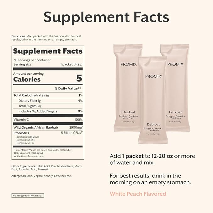 ProMix Nutrition Debloat Prebiotics and Probiotics, Bloating Relief for Women, Gut Cleanse Detox for Men and Immune Support - White Peach - 30 Servings (Pack of 30)