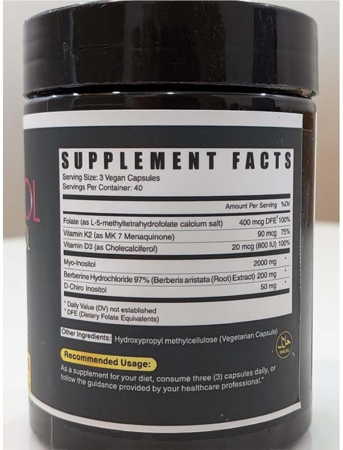 Herbpy 6in1 Premium 40:1 Myo-Inositol & D-Chiro Inositol Supplement for Women with Folate, Berberine HCl 97%, Vitamin D3 & K2 - Hormonal Balance & Ovarian Health Support- 120 Vegan Capsules