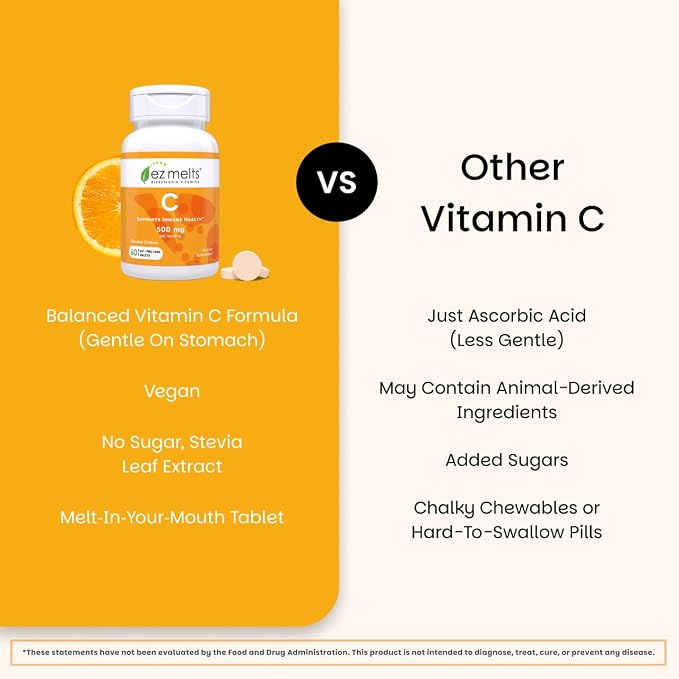 EZ Melts Vitamin C - Daily Vitamin for Antioxidant & Immune Support - No Artificial Flavors - Non-GMO & Sugar-Free - Orange Citrus - 120 Dissolvable Tablets (60 Servings)