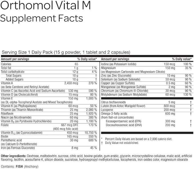 Orthomol Vital M Powder & Tablet Packet for Men, 30-Day Vitamin Supplement – Daily Energy, Fatigue Reduction & Vitality Support with Vitamins A, B, C, D, E, K, Omega-3 & Iodine