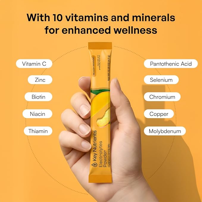 KEY NUTRIENTS Electrolytes Powder Packets - Multivitamin Peach Mango 20 Pack Hydration Packets - Travel Hydration Powder - Improved Refreshing Taste - Made in USA - No Sugar, No Calories, Gluten Free